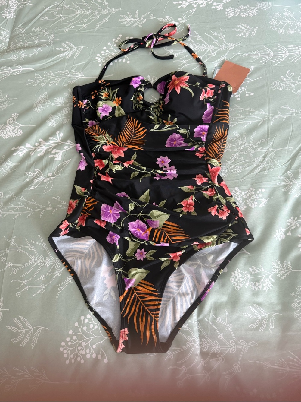 NWT Shade & Shore Black Floral Halter Swimsuit Tropical Accents Keyhole Back